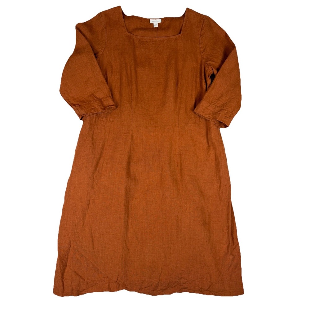J. Jill Pure Jill Linen Square Neck Midi Dress Rust Terracotta Lagenlook‎ Sz Lg - Picture 2 of 8